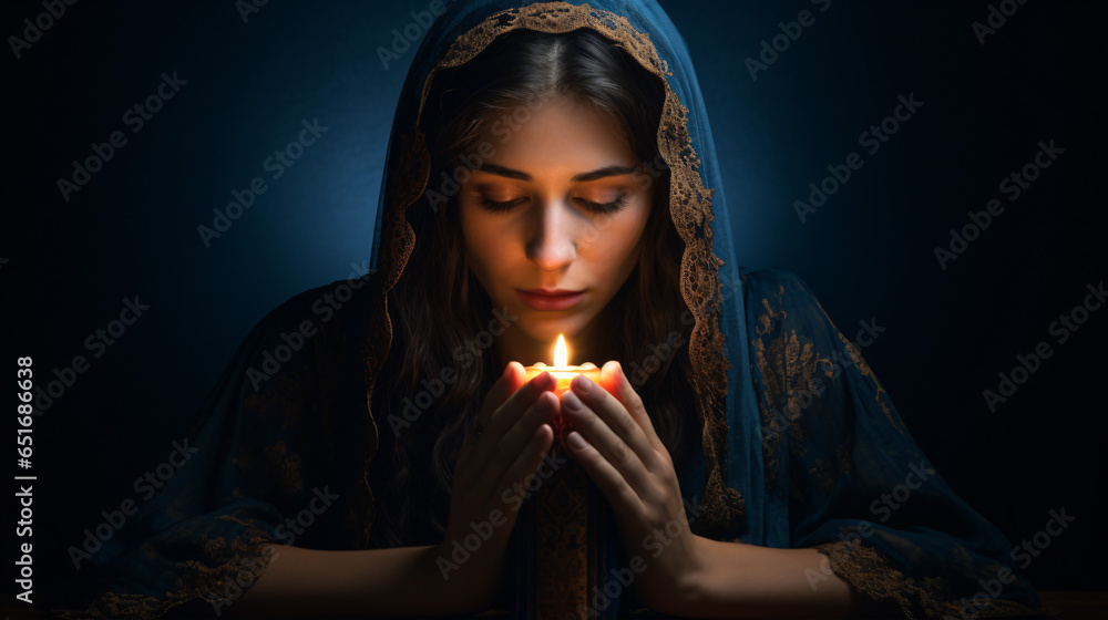 A Jewish woman prays, hands covering her face by the Shabbat candles, with a prayer book nearby.. - obrazy, fototapety, plakaty 
