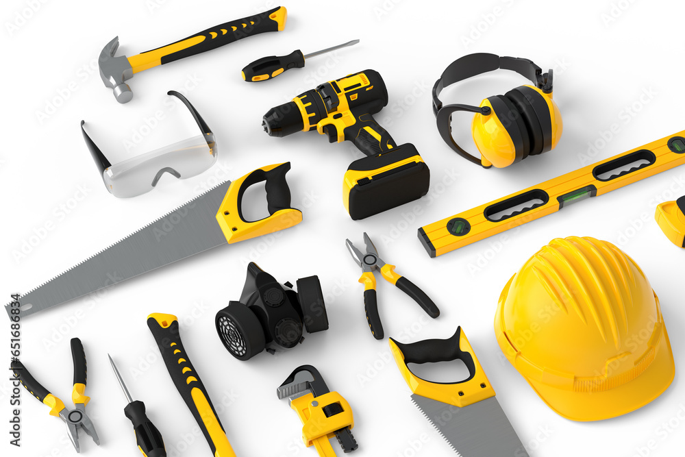 Flying view of yellow construction tools for repair on white background Flying view of yellow construction tools for repair on white background