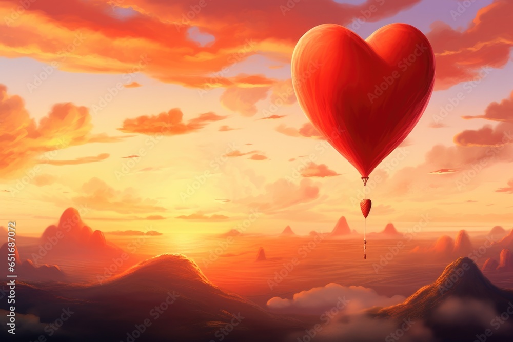 Fototapeta premium Red heart shaped hot air balloon flies into the sunset sky with clouds