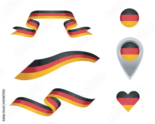 Illustration of colored ribbons, ball, map pointer and heart. Black, red and yellow alluding to heraldic colors of German Flag. Vector isolated on transparent background.