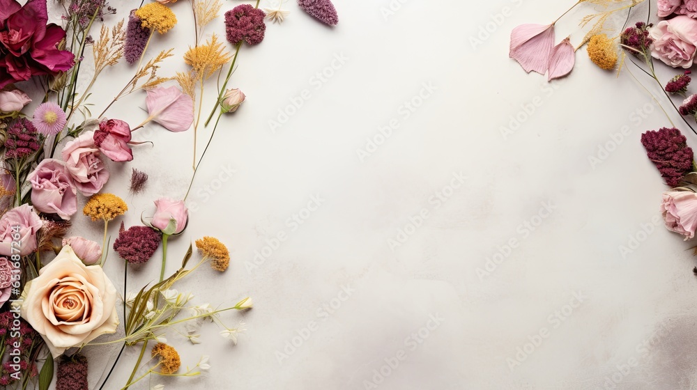 Dried roses and wildflowers on an aged parchment paper. Leave the middle section open for text. Exquisite floral card.  - obrazy, fototapety, plakaty 