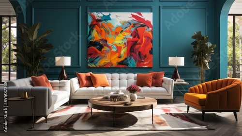 Wallpaper Mural In a modern living room with art deco style home interior design, there's a chic white curved tufted sofa and pouf against teal classic wall panels adorned with a vibrant colorful art poster Torontodigital.ca