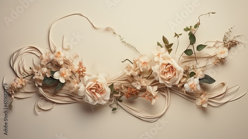 Flowers flowing from one corner to the opposite, intertwined with cascading ribbons on a muted beige surface. Center left untouched. Exclusive wedding design. 