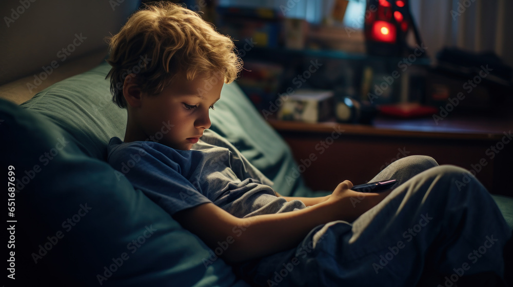 Obraz premium The child use smart phone in the living room