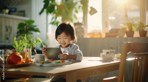 Asian child use Mobile Phone in the living room and eating breakfast photo