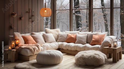 In a Scandinavian, hygge home interior design of the modern living room, a knitted pouf and a white corner sofa with a fur pillow near grid windows offer a cozy and inviting space for relaxation