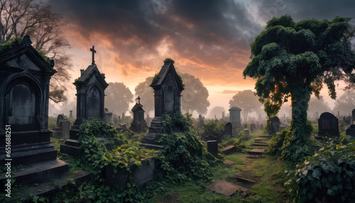 Vue panoramique sur les tombes d'un cimetière inquiétant au coucher du soleil