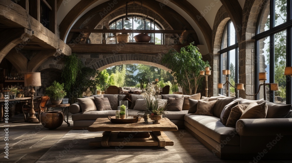In the interior design of the entrance hall within a country house, an arched ceiling and timber beams contribute to the rustic style