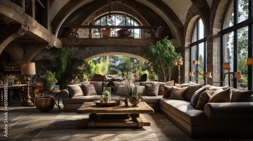 In the interior design of the entrance hall within a country house, an arched ceiling and timber beams contribute to the rustic style
