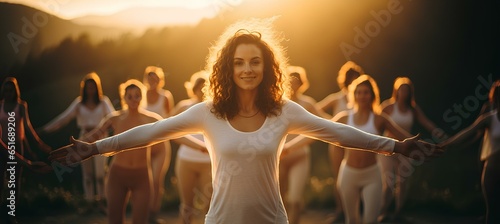 A happy smiling woman in nature is engaged in morning exercise, stretching, yoga or qigong, group exercise in the fresh air.