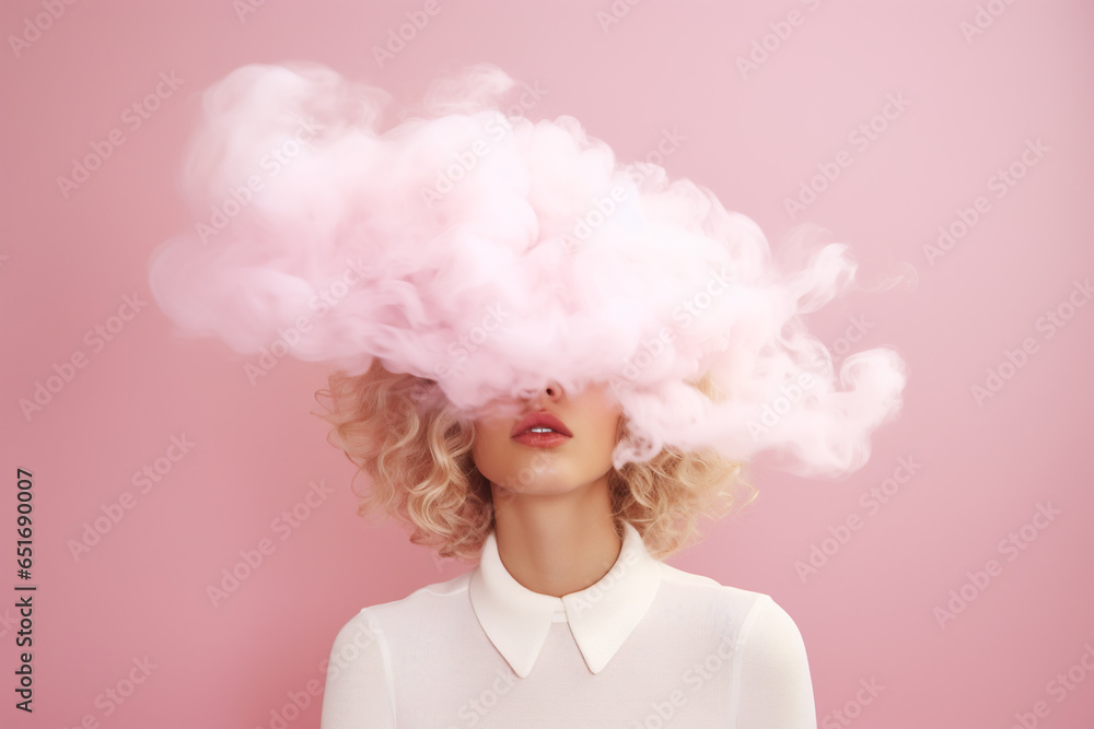 head in the clouds: young woman with her covered in the pink cloud on a pastel pink background