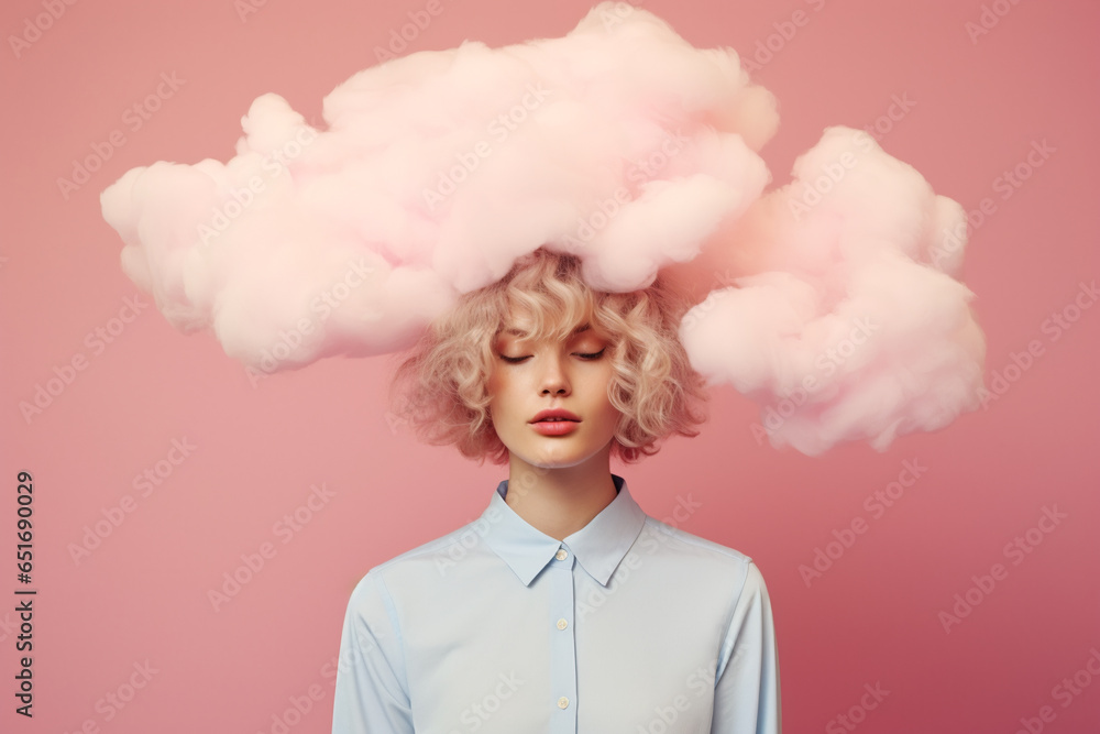 head in the clouds: young woman with her covered in the pink cloud on a pastel pink background