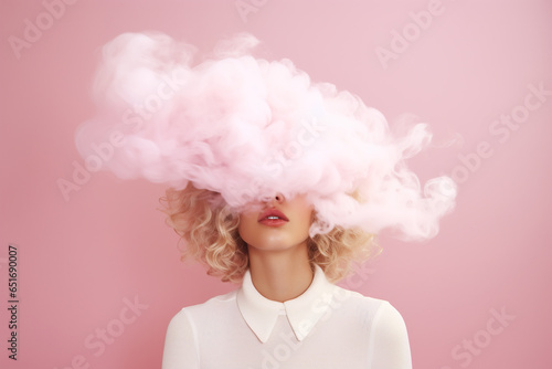 head in the clouds: young woman with her covered in the pink cloud on a pastel pink background