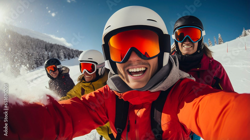 stockphoto, a group of people wearing ski equipment takes a selfie together. Group of friend during ski holiday taking a selfie. Togetherness, happy people.