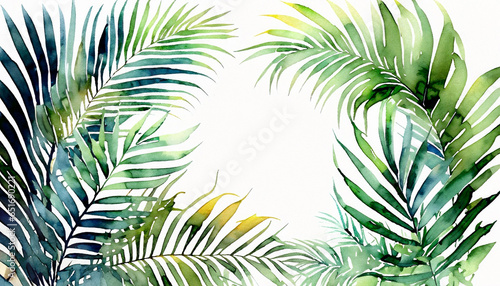 Exotic watercolor tropical frame border palm tree. Summer background. AI Generative