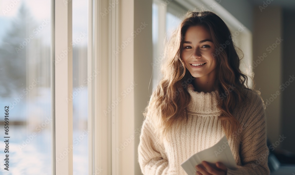 Beautiful woman stand near the window and smile.