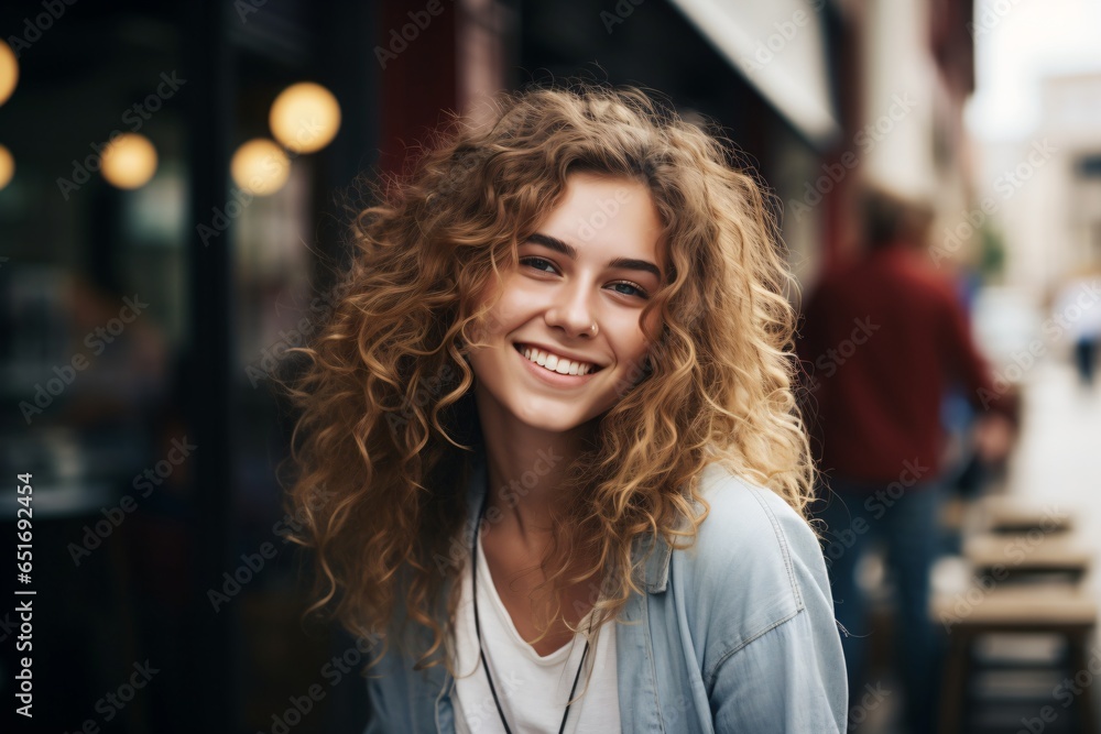 Portrait photography of a beautiful girl with curly hair outdoors