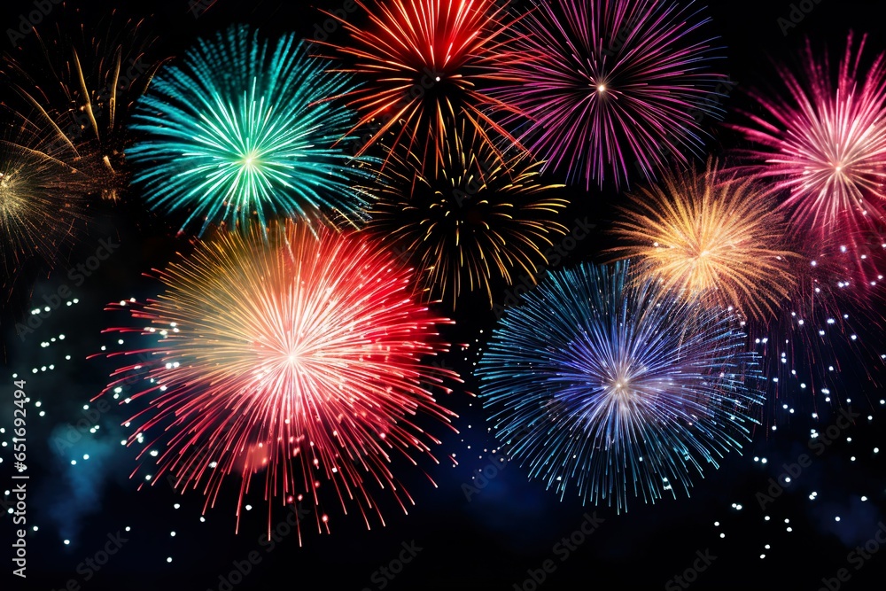 HAPPY NEW YEAR 2024 - Firework silvester New Year's Eve Party festival celebration holiday background banner greeting card - Closeup of colorful fireworks pyrotechnics in the night | Generative AI HAPPY NEW YEAR 2024 - Firework silvester New Year's Eve Party festival celebration holiday background banner greeting card - Closeup of colorful fireworks pyrotechnics in the night | Generative AI