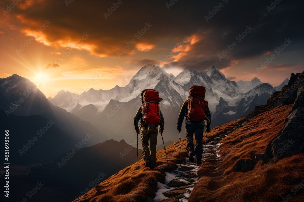 A group of people or friends hiking on a mountain