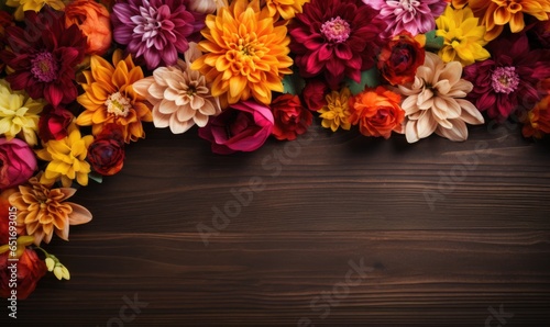 Autumn flowers frame on wooden background. Seasonal yellow and red flowers. Autumn background. Space for text.