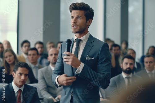 Businessman Giving a Presentation, corporate seminar speaker, boardroom speech, confident male presenter, executive public speaking photo