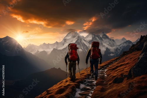A group of people or friends hiking on a mountain