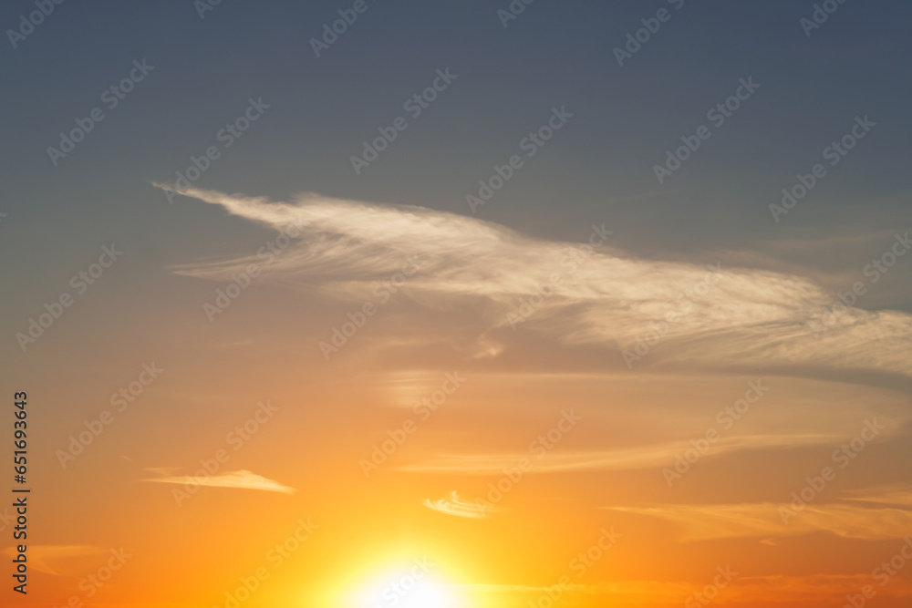 Colorful sky and sun at sunset, blue orange color sunset sky, sky and nature background