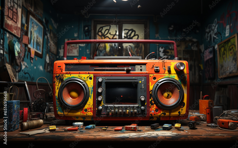 Stereo Boombox Surrounded by Graffiti - obrazy, fototapety, plakaty 