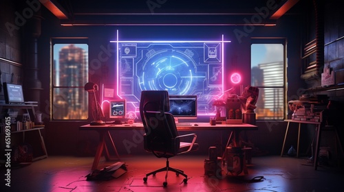 Imagine a futuristic mockup poster frame in a cyberpunk-inspired office with neon-lit, industrial furniture.