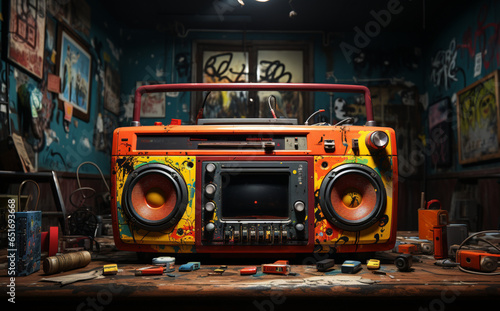 Stereo Boombox Surrounded by Graffiti