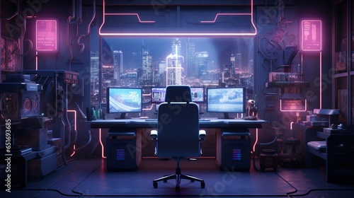 Futuristic mockup poster frame in a cyberpunk-inspired office with neon-lit, industrial furniture.
