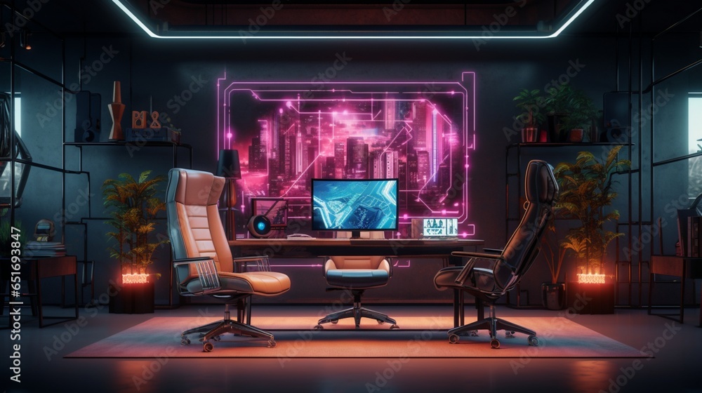 futuristic mockup poster frame in a cyberpunk-inspired office with neon-lit, industrial furniture.