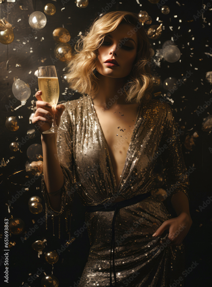 A luxurious cocktail party with champagne on New Year's Eve. A young, elegant woman in a glittering gold dress toasts the holidays. A luxurious cocktail party with champagne on New Year's Eve. A young, elegant woman in a glittering gold dress toasts the holidays.