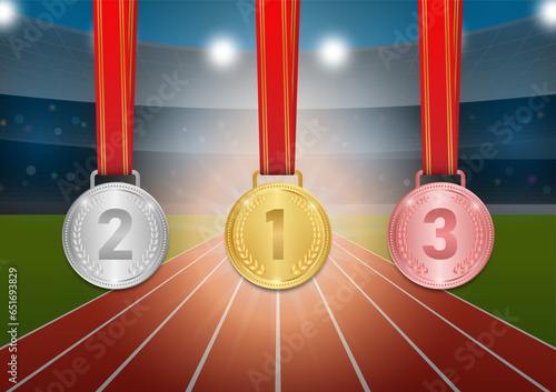 Gold, Silver and Bronze Medals in Running Track Arena. Champion and Winning Concept. Vector Illustration.