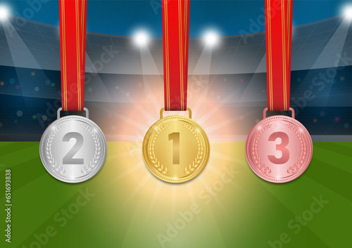 Gold, Silver and Bronze Medals in Soccer Field or Sport Arena. Champion and Winning Concept. Vector Illustration.