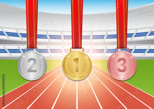 Gold, Silver and Bronze Medals in Running Track Arena. Champion and Winning Concept. Vector Illustration.