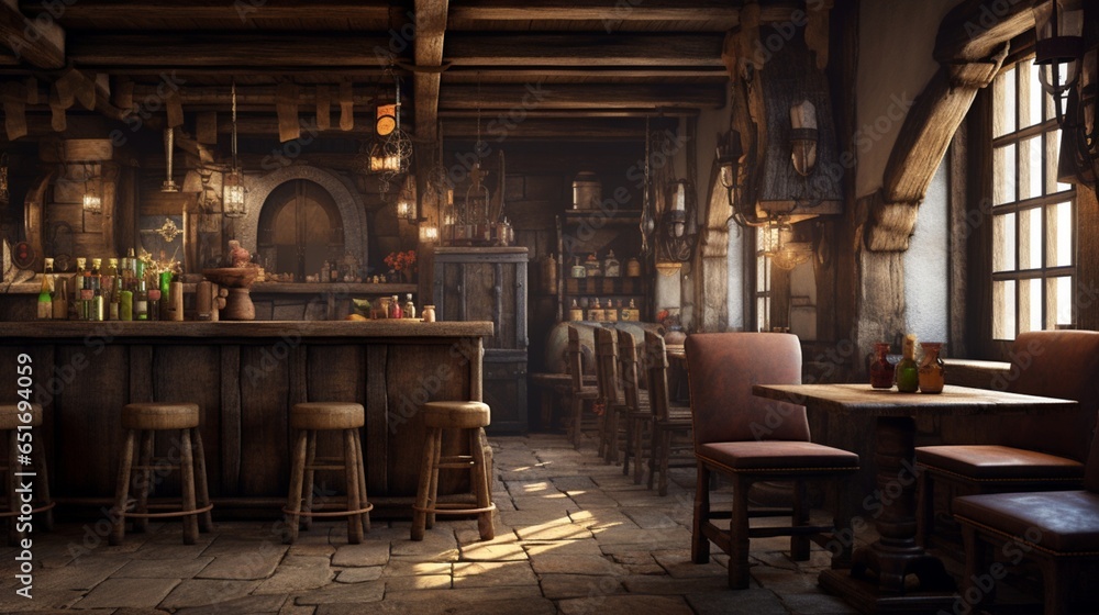 Imagine a mockup poster frame in a medieval tavern with rustic, wooden furniture. - obrazy, fototapety, plakaty 