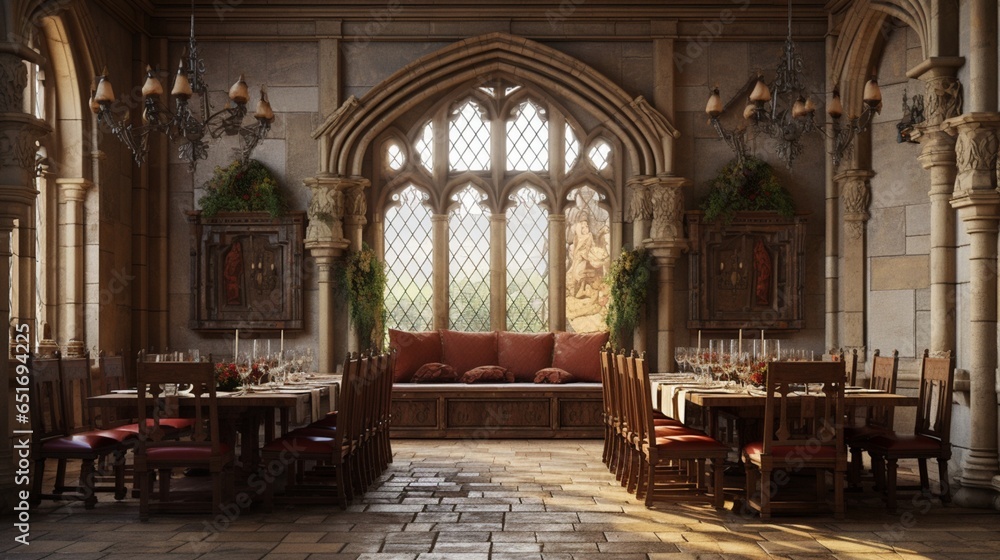 Imagine a mockup poster frame on a rough-honed marble wall in a medieval castle dining hall with grand, banquet-style furniture.