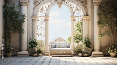 Imagine a serene mockup poster frame on a fine-honed marble wall in a Mediterranean-style courtyard with wrought-iron furniture.