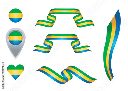 Illustration of colored ribbons, ball, map pointer and heart. Green, yellow and blue alluding to heraldic colors of Brazil Flag. Vector isolated on transparent background