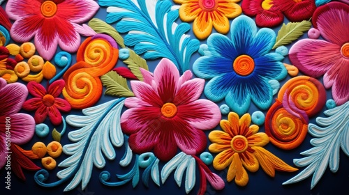 close-up fabric texture with embroidered Mexican cactus, flowers, and geometric pattern