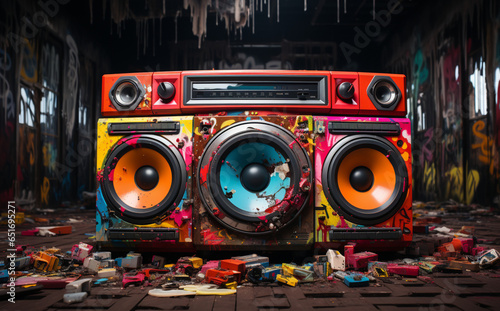 Boombox Art in Front of Graffitied Walls with Street Mural