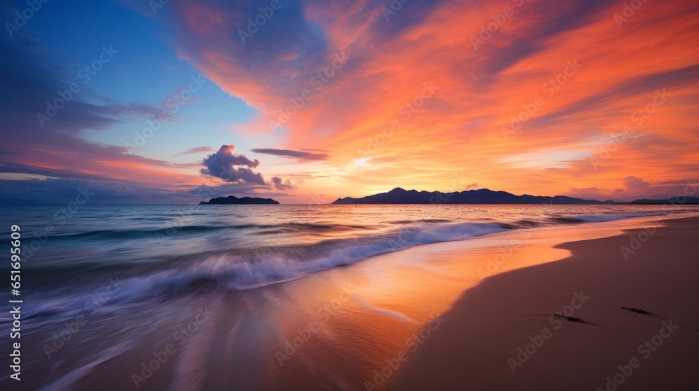 A mesmerizing seascape in Thailand, where the tranquil beach meets the orange-hued horizon under the twilight sky, creating a stunning coastal landscape