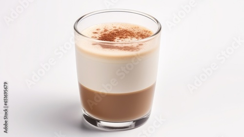 An isolated image of hot coffee with milk in a glass cup against a white background. This presentation showcases the simplicity and warmth of a coffee beverage © Chingiz