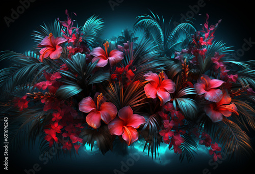 Neon Tropical Frame with Glowing Palm Leaves on Black Background