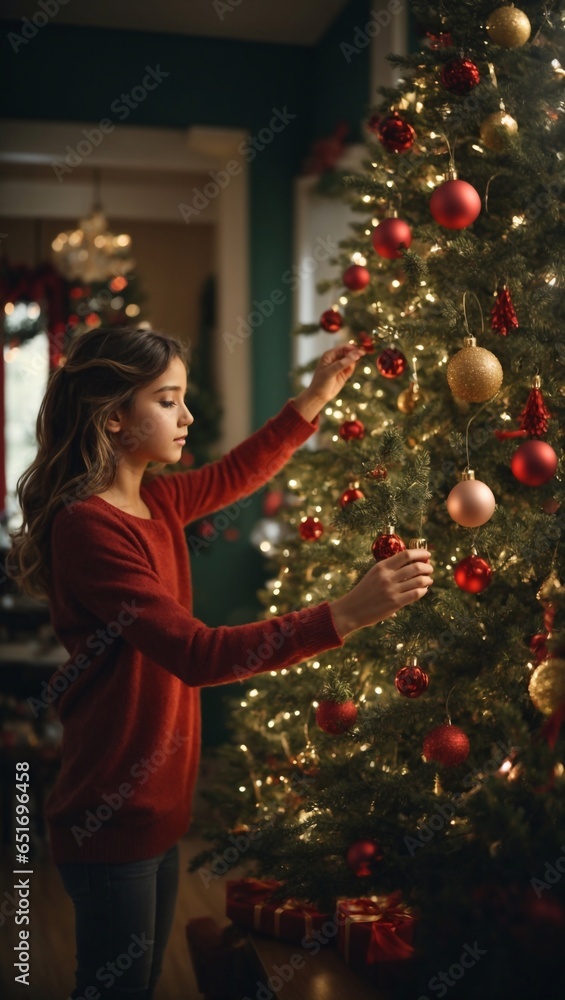 Merry Christmas and Happy Holidays! Cute little child girl is decorating the Christmas tree indoors. Merry Christmas and Happy Holidays! Cute little child girl is decorating the Christmas tree indoors.