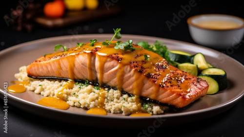 salmon filet drizzled in honey mustard sauce with, generative ai.
