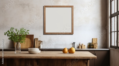 A Mockup poster blank frame, hanging on marble wall, above farmhouse kitchen island, Rustic farmhouse © Mehreen