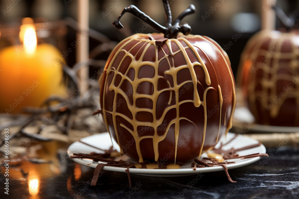 A Halloween-themed table hosts a caramel, generative ai.