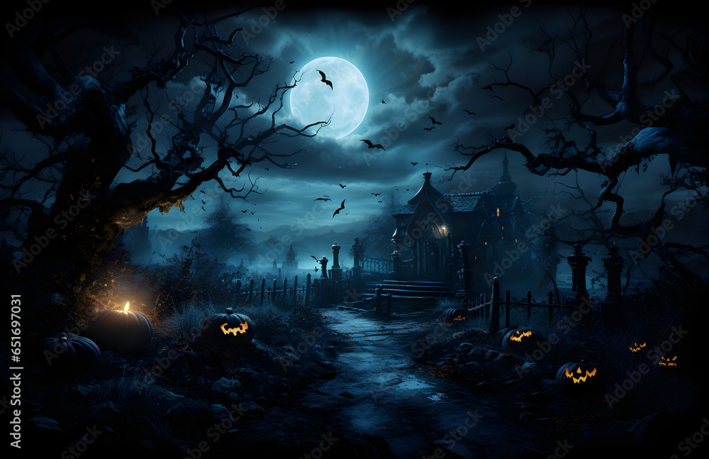 Jack O' Lanterns In Graveyard In The Spooky Night - Halloween Backdrop
